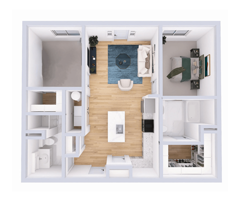 A 3D floor plan of a small apartment with a kitchen, living room, and bathroom.
